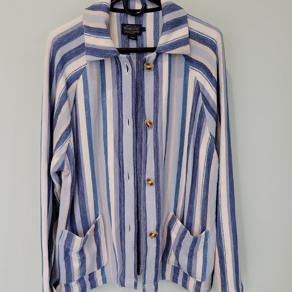 Pendleton Blue and White Striped 100% Cotton Chore Jacket Size Large - Picture 10 of 11